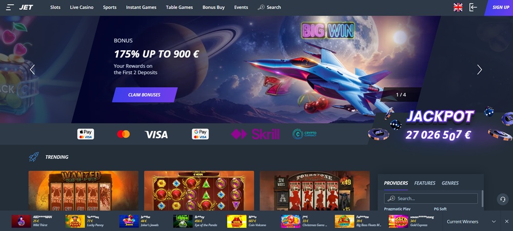 JET Casino homepage
